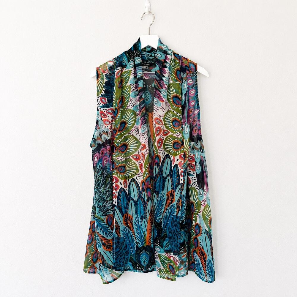 Zury Indian Tropical Peacock Print Sheer Rayon Open Front Swing Vest Free Size